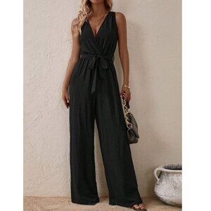 V neck jumpsuit boho black sleeveless tank tie waist belt